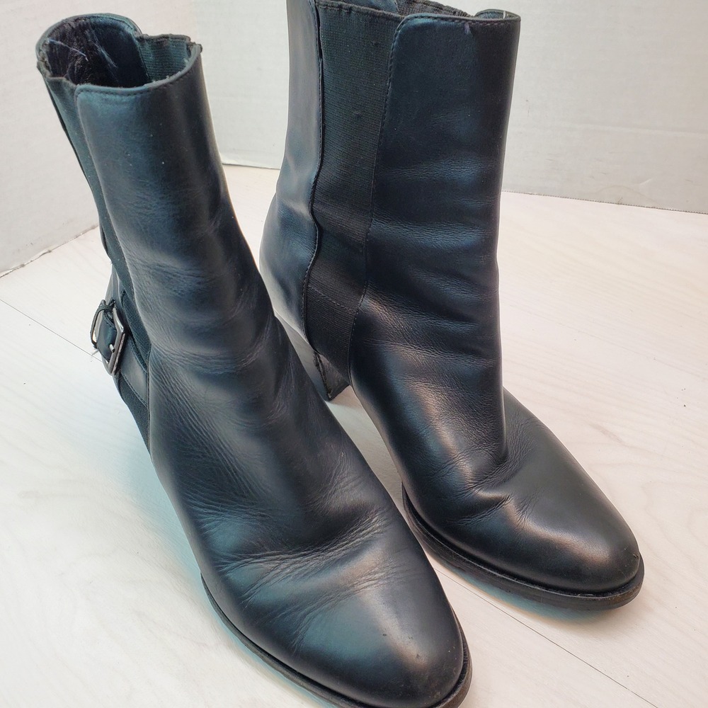 Cole Haan Black Leather Ankle Boots Buckle‎ Elastic Side Block Heel 9.5B - Picture 5 of 16
